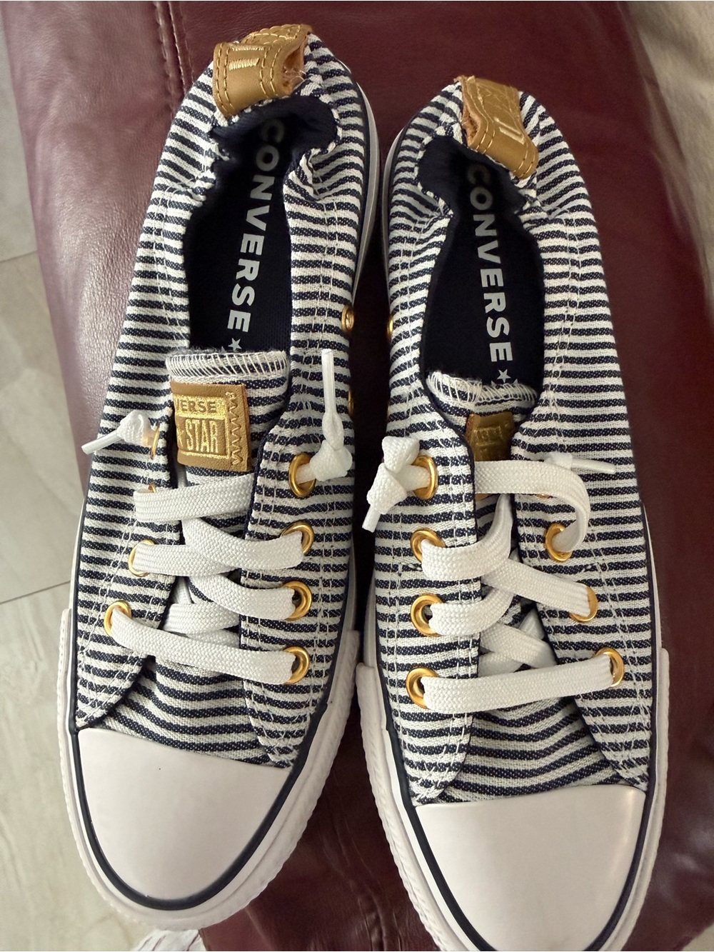 Converse Striped Low-Top Sneakers in Navy & White with Gold Accents